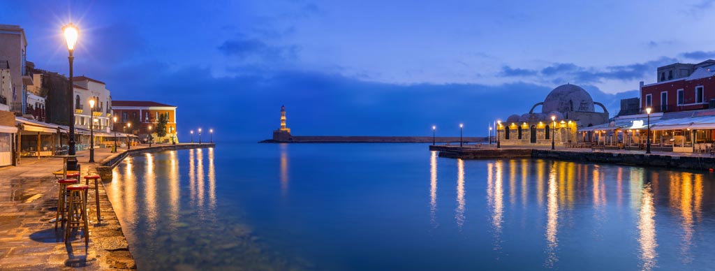 Old Venetian port of Chania at night, Crete. Greece